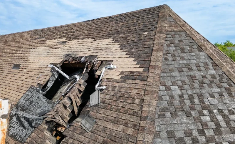 Photo of a recently damaged roof that needs repair in Seattle, WA