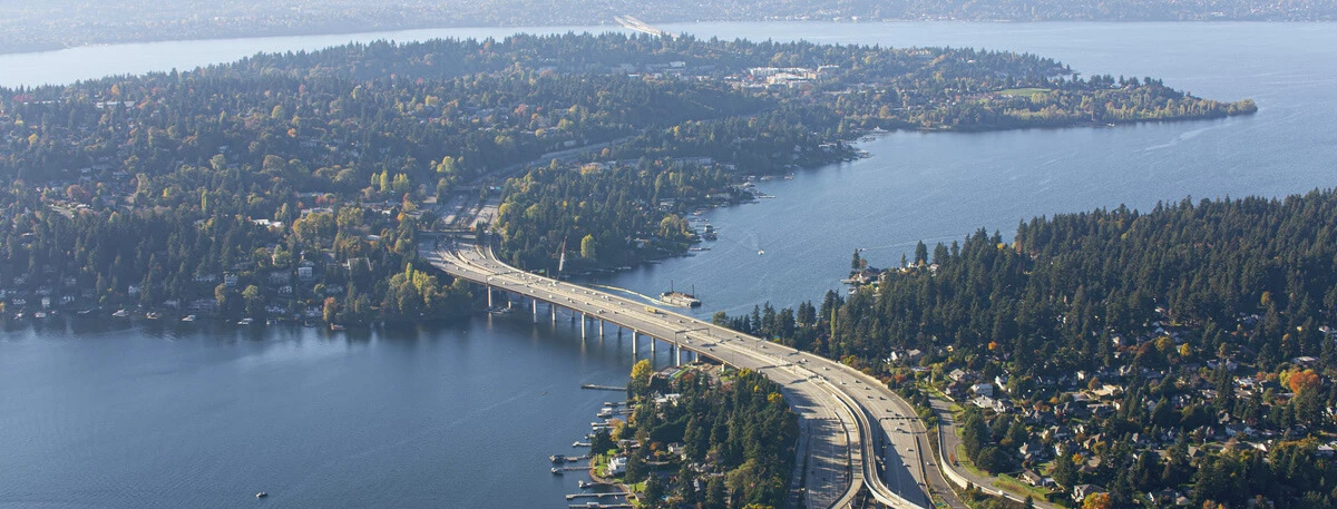 Aerial view of The Third Lake Washington Bridge or Homer M. Hadley Memorial Bridge near Renton in Washington State, USA